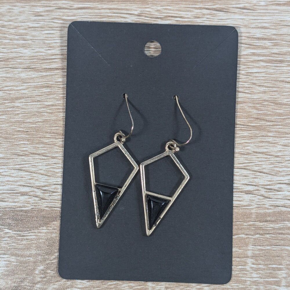 Silver Tone Geometric Dangle Earrings Black Triangle Modern Boho
